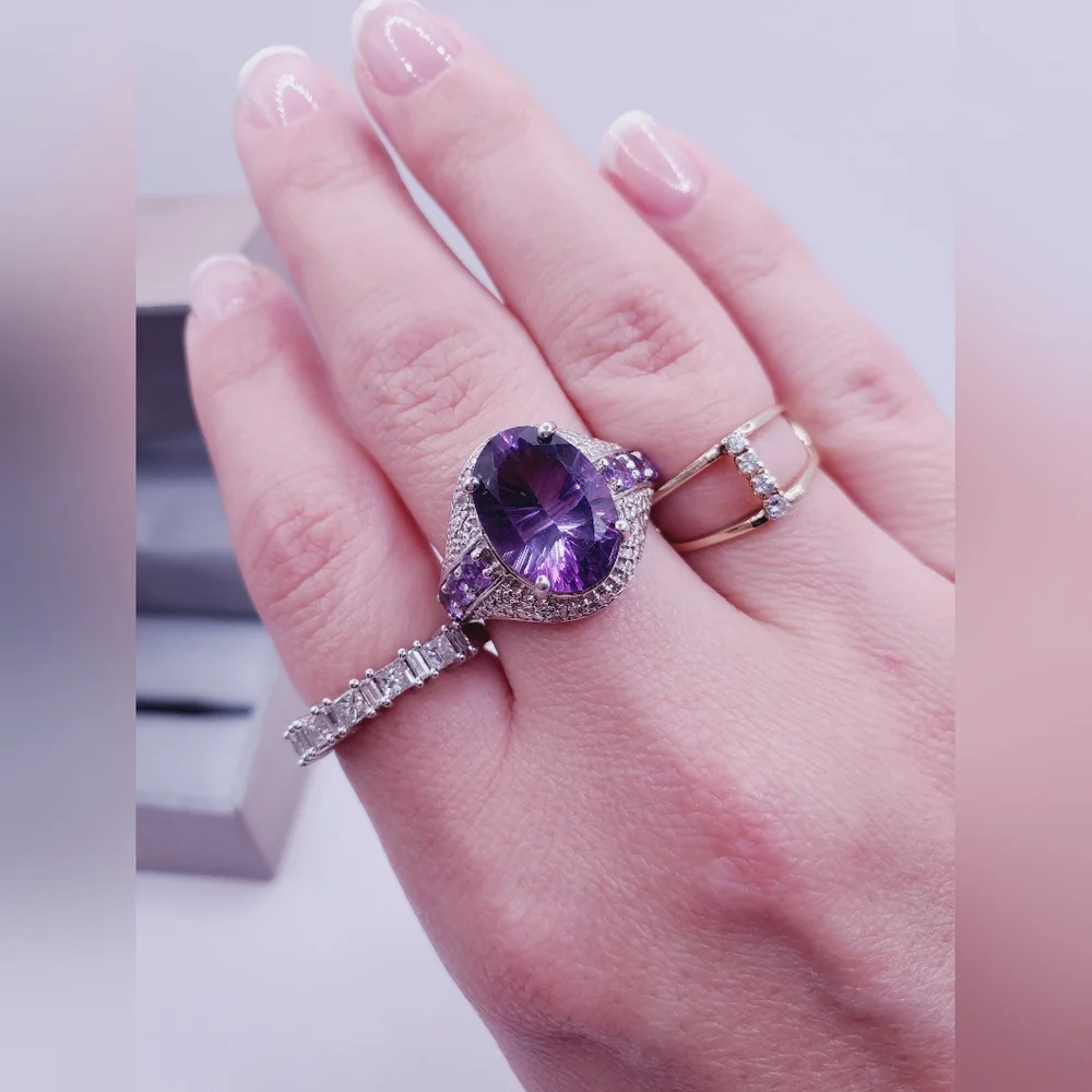 925 Sterling Silver Ring Amethyst Ring Purple Ring Oval Statement Ring s…